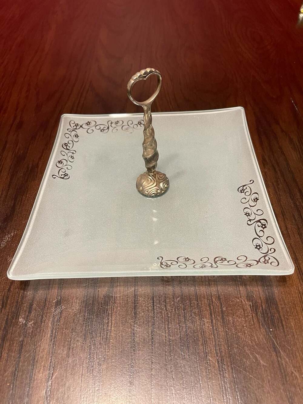 MCM Studio Silversmiths 9" Frosted Glass Square Tidbit Tray Silver Plated Handle